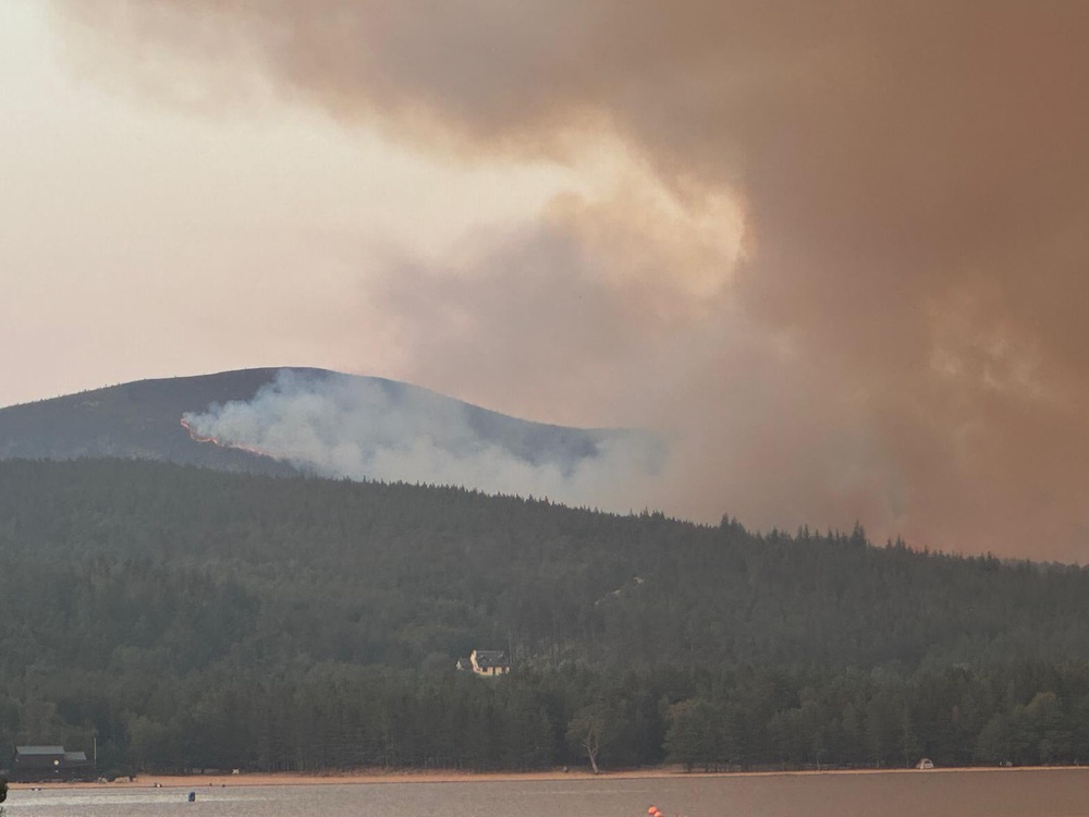 Handout photo issued by RSPB Scotland of a wildfire burning in the Cairngorms National Park in northeast Scotland. Firefighters are spending a third day tackling the major wildfire which started in heathland at Ryvoan Bothy, near Nethy Bridge, late on Wednesday morning and spread to cover an area of around six kilometres by Thursday afternoon (RSPB Scotland/PA) (PA Media)