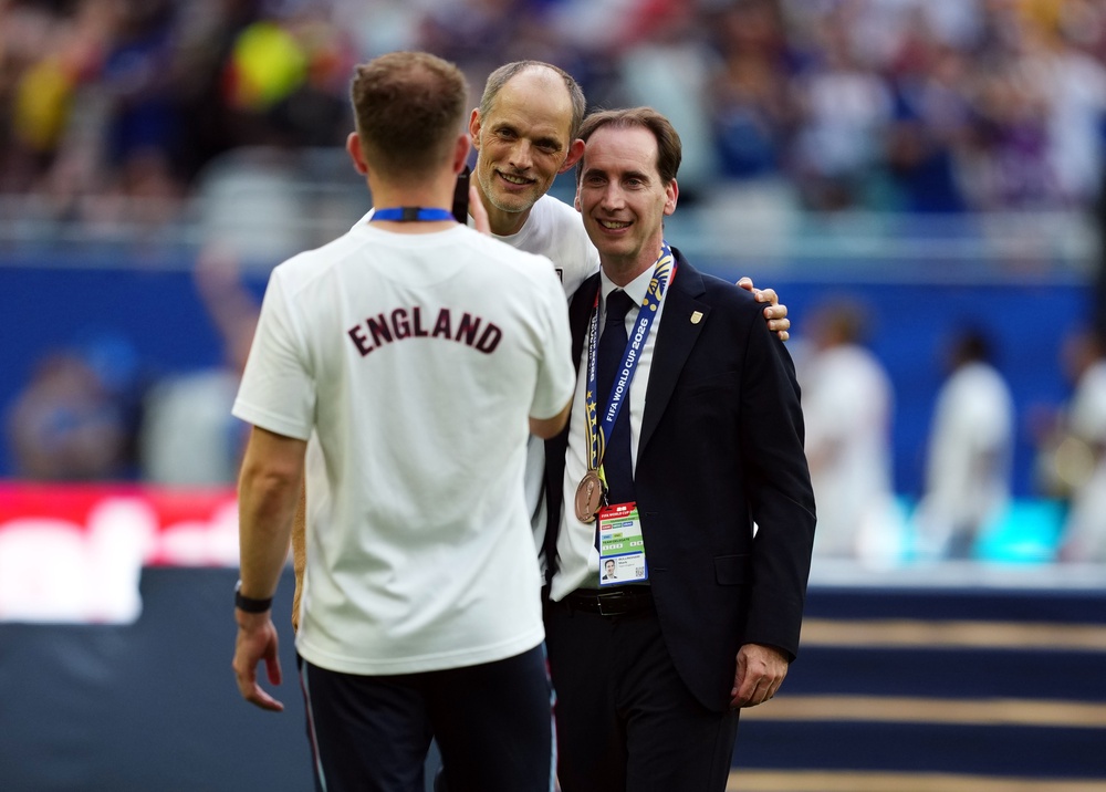 Thomas Tuchel, centre, will continue to work with FA chief executive Mark Bullingham, right, for Euro 2028 (Martin Rickett/PA)