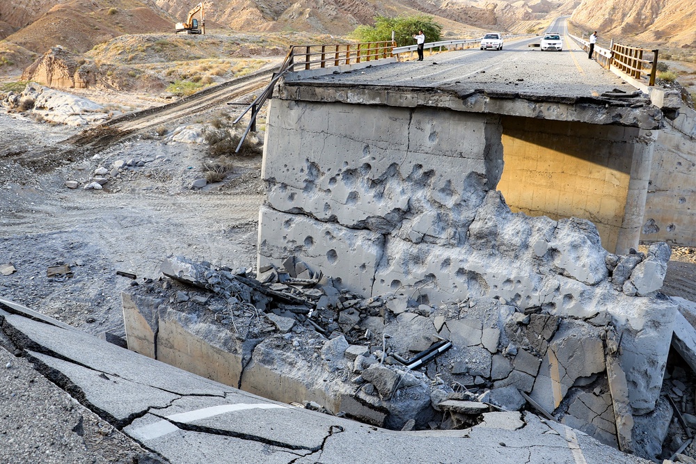 A heavily-damaged bridge which was hit by a US strike on the road connecting Roudan and Bandar Abbas in southern Iran on July 18 (AFP/Getty)