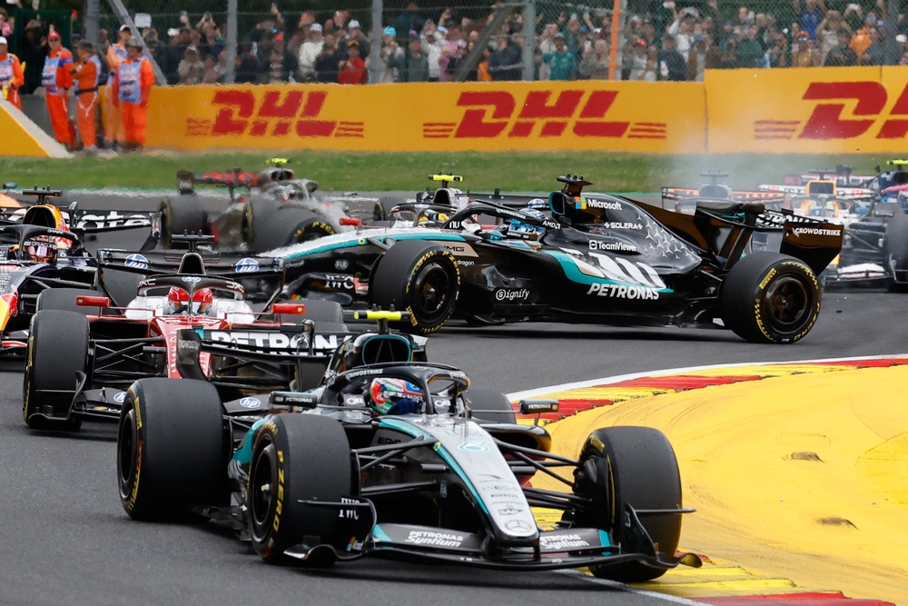 Hamilton and Russell collided, leading to the Mercedes driver being eliminated from the race (AP Photo/Geert Vanden Wijngaert) (AP)