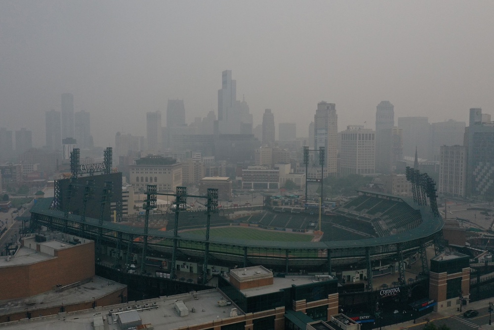 The Detroit skyline as smoke from the Canadian wildfires settles in the city on July 16, 2026 (Getty Images)