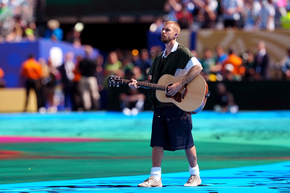 Justin Bieber sings during the halftime show (Nick Potts/PA Wire)