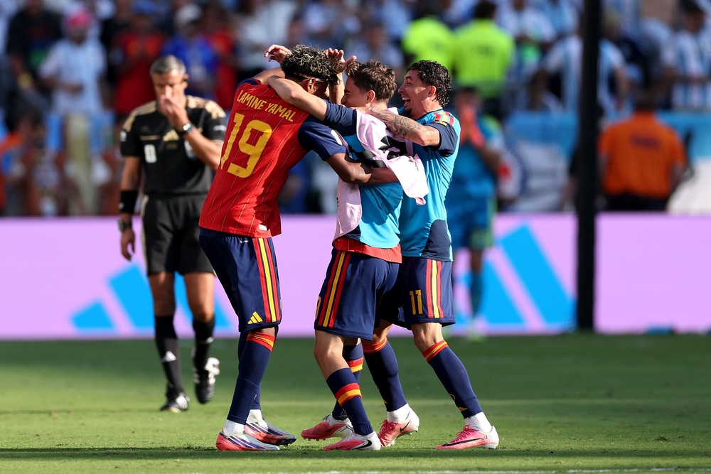 Teenager Lamine Yamal celebrates with his Spanish teammates (Getty)