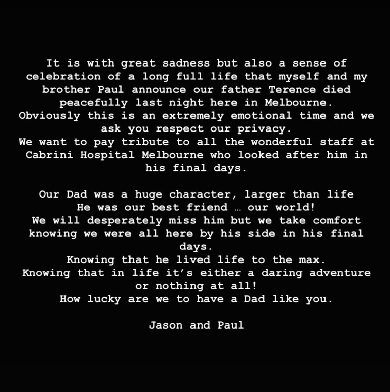 Jason Donovan announced death of father Terence on Instagram (Instagram)