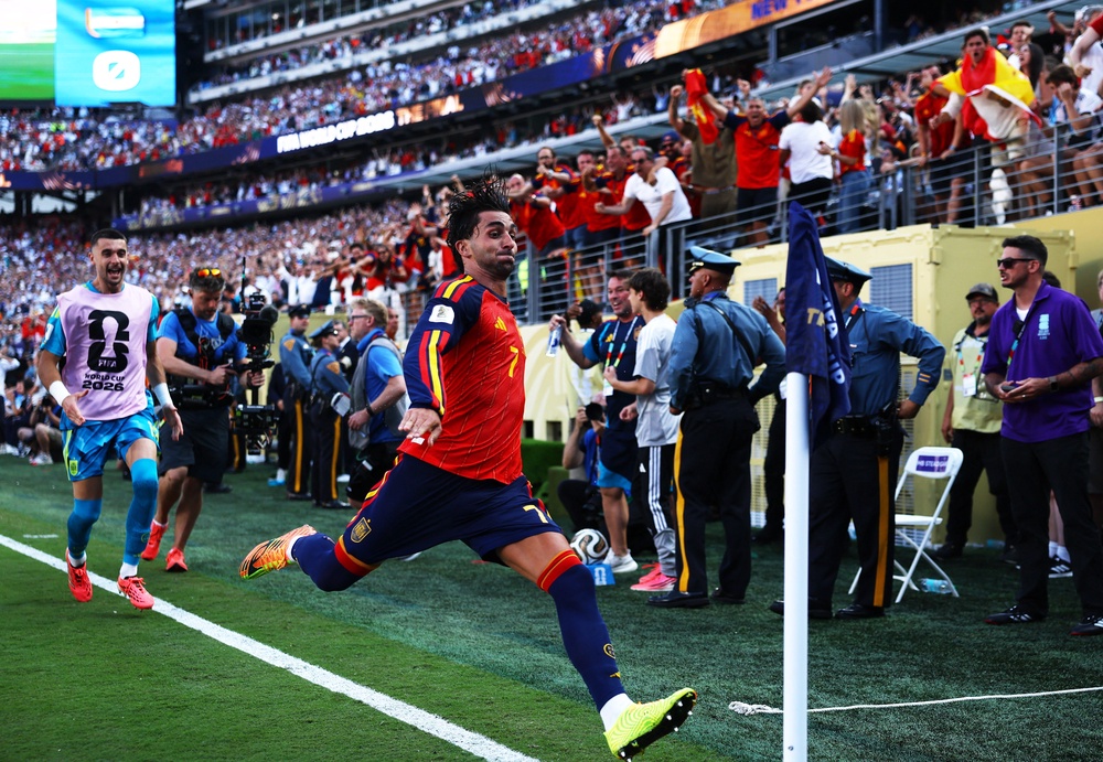 Ferran Torres celebrates after scoring Spain's World Cup final goal (Reuters)
