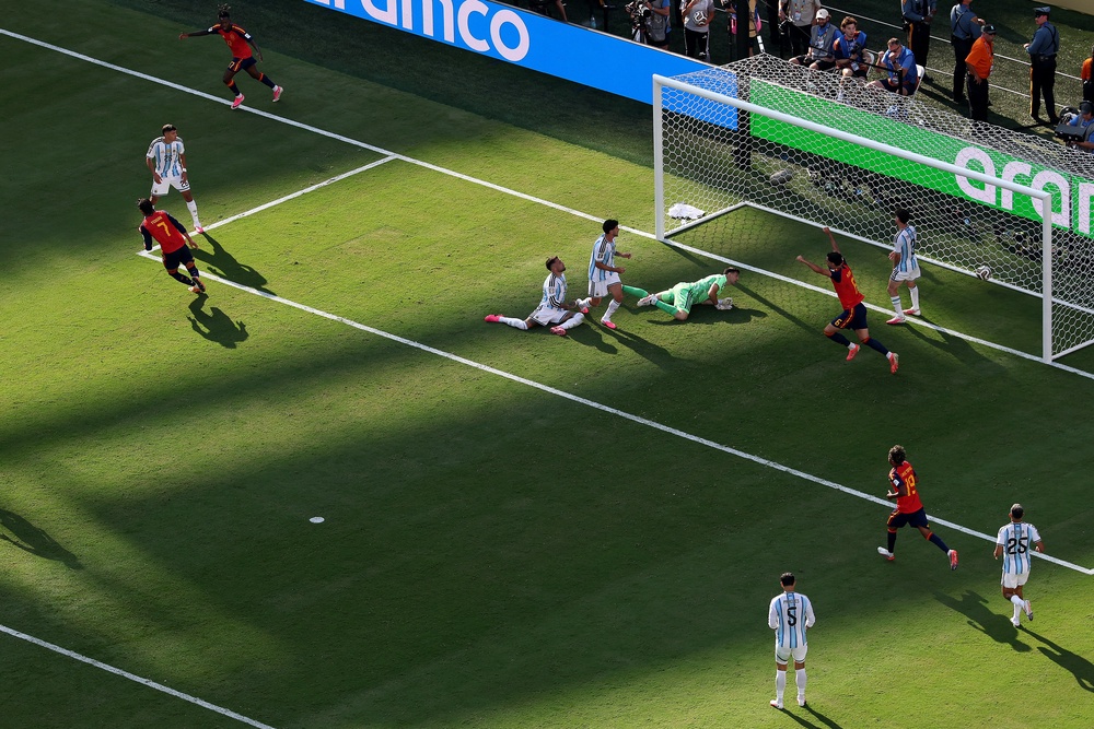 Ferran Torres, left, turns away to celebrate after scoring Spain's winner (Getty)
