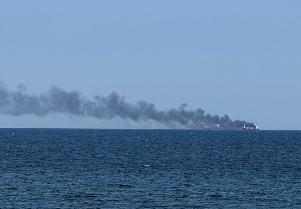 Smoke rises from a civilian vessel on fire, amid Russia's attack on Ukraine, in Odesa, Ukraine July 19, 2026. (Reuters)