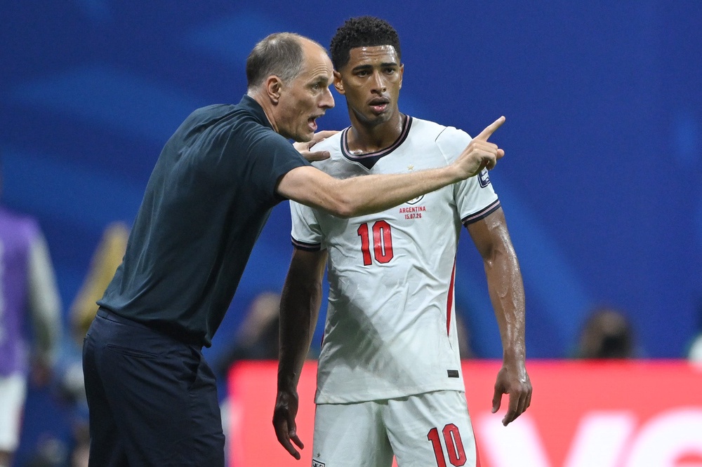Thomas Tuchel and Jude Bellingham during the World Cup semi final (Getty)