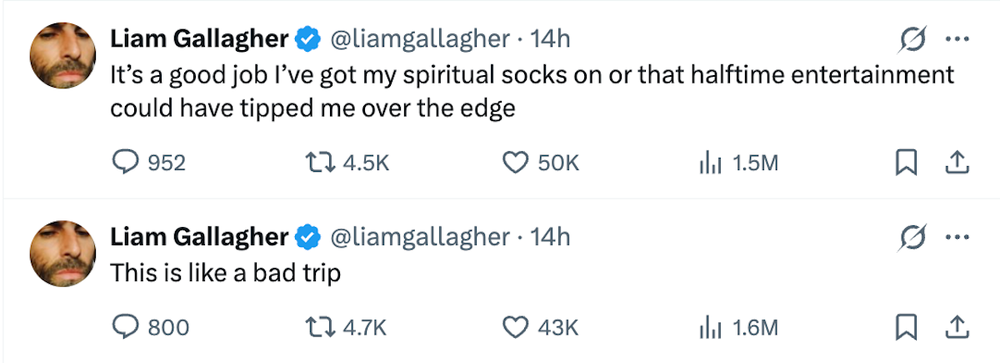 Gallagher compared the halftime show, curated by Coldplay frontman Chris Martin, to a ‘bad trip’ (X)