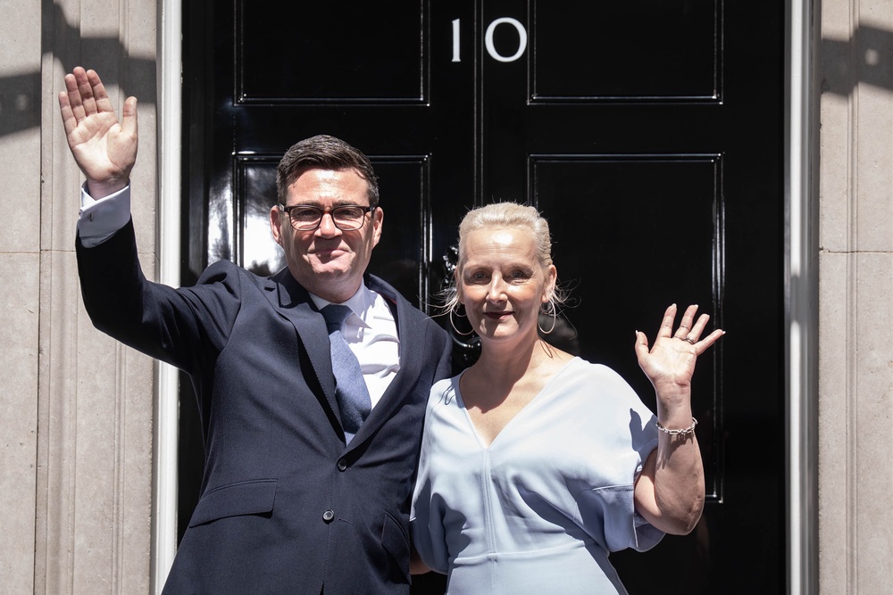 New Prime Minister Andy Burnham with his wife Marie-France van Heel outside 10 Downing Street after meeting the King (Stefan Rousseau/PA) (PA Wire)