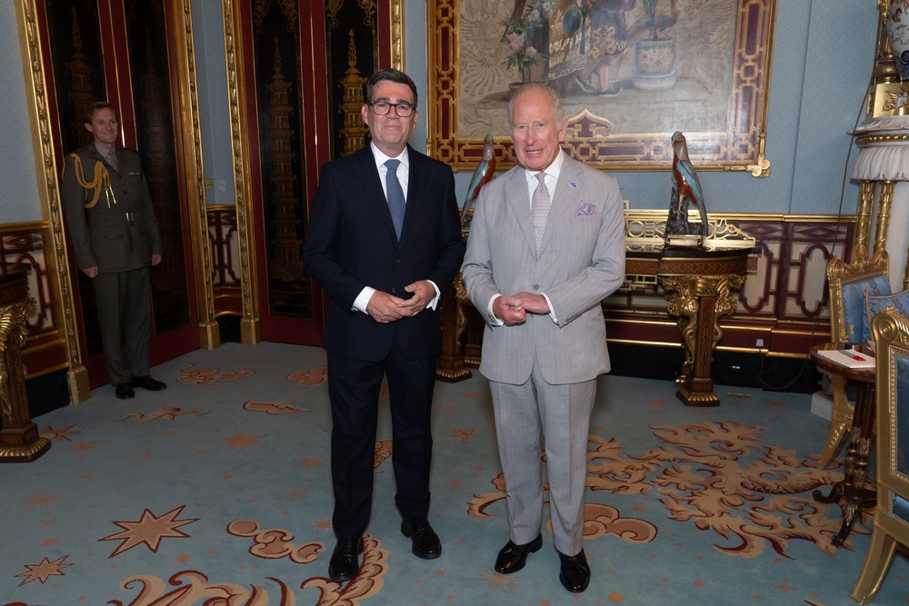 The King welcomes Andy Burnham, during an audience at Buckingham Palace, where he invited the new leader of the Labour Party to become Prime Minister (Aaron Chown/PA) (PA Wire)