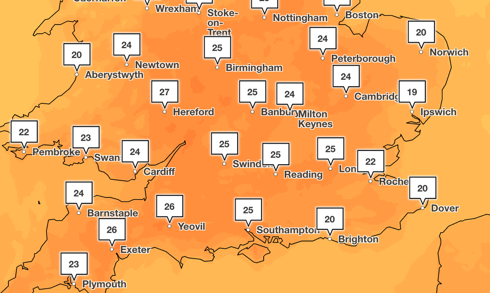A high of 27C is forecast in Hereford on Monday (Met Office)