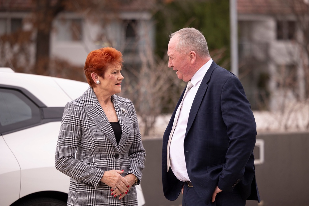 Pauline Hanson and Barnaby Joyce outside the National Press Club in June (Getty)