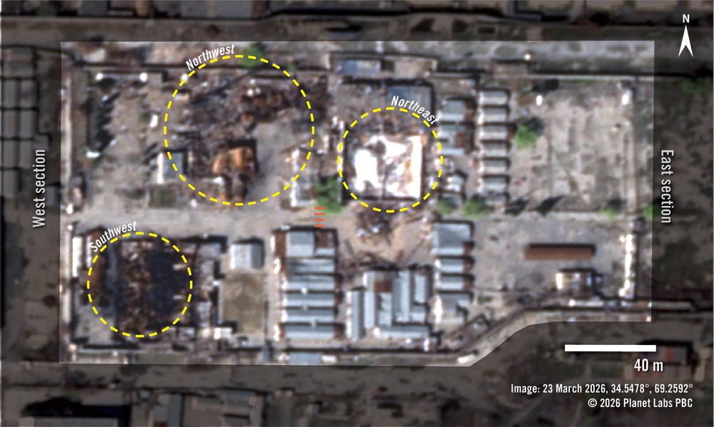 Satellite image from 23 March shows heavily damaged areas of the facility (Planet Labs via Amnesty International)