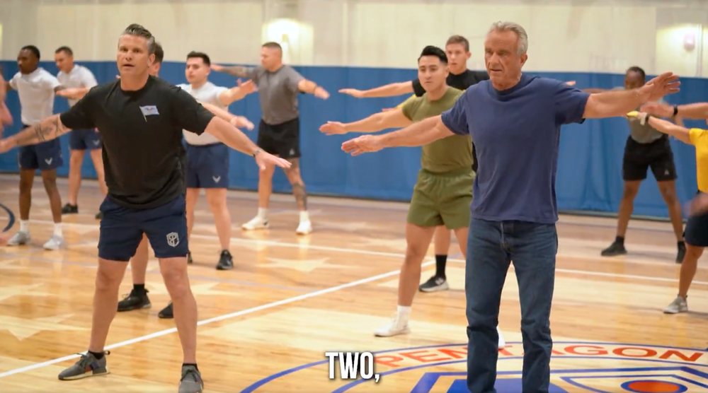 In the ‘Pete & Bobby Challenge’ video, Kennedy was seen working out in jeans (Pete Hegseth)