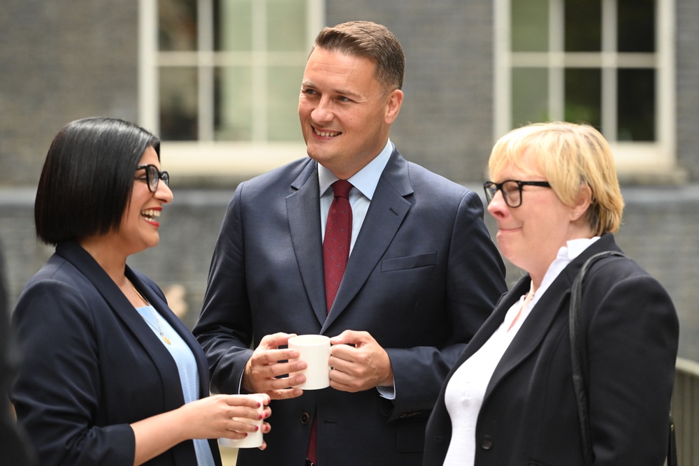 Home Secretary Shabana Mahmood, Defence Secretary Wes Streeting and Environment Secretary Angela Eagle speak at Downing Street (Getty)