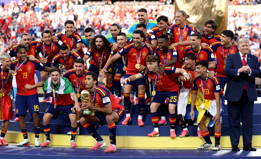 The Daily Show host also mocked the president for refusing to leave the stage after presenting the winner’s trophy to Spain’s team on Sunday (Getty)