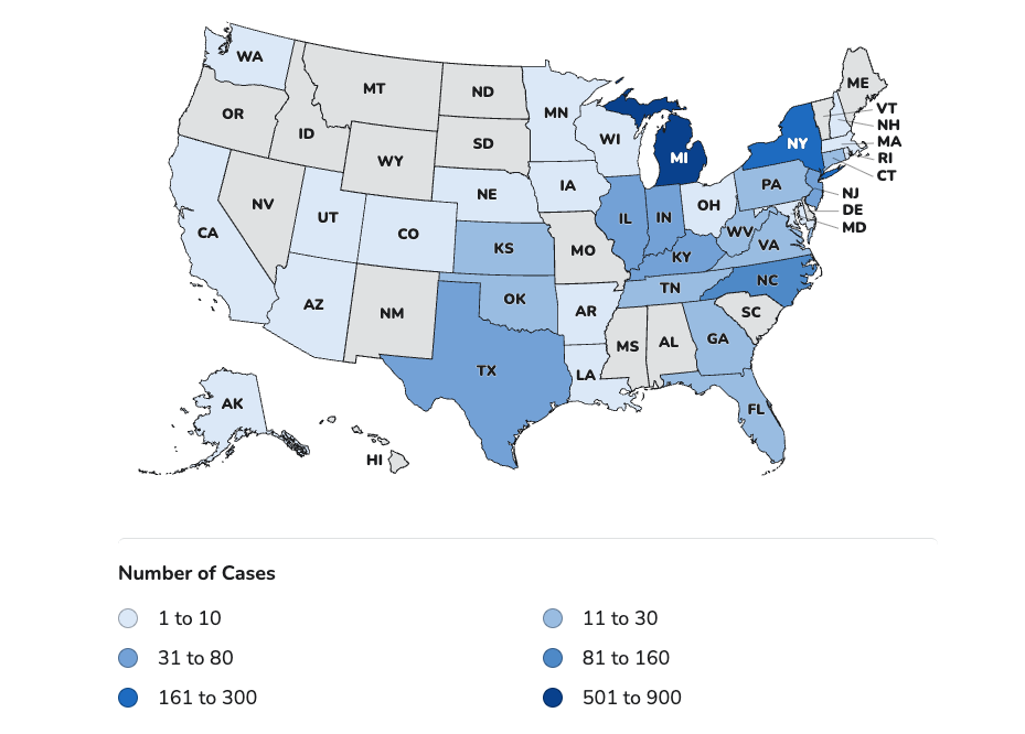 This map shows cyclosporiasis cases that have been confirmed by the Centers for Disease Control and Prevention. The agency’s data is lagging behind state counts (CDC)