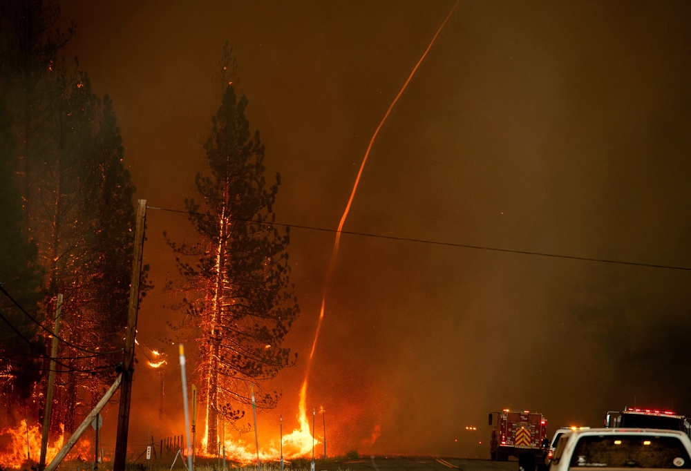 A fire whirl – or firenado – shoots into the sky amid the Hog fire in Susanville, California, in July 2020 (AFP via Getty Images)