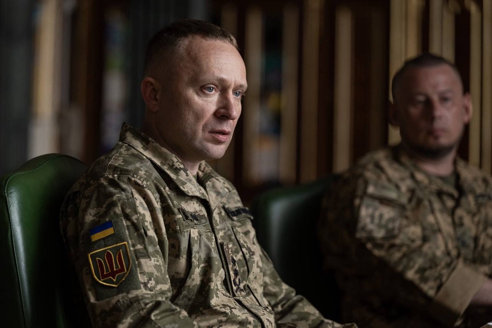 New commander-in-chief of Ukraine's Armed Forces Mykhailo Drapatyi looks on during his meeting with Ukrainian president Volodymyr Zelensky in Kyiv (AP)
