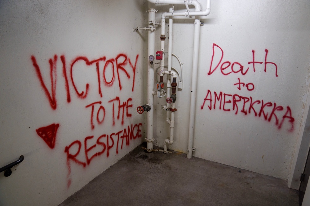 Graffiti in the stairwell of a parking structure near a pro-Palestine encampment at UCLA (Getty)