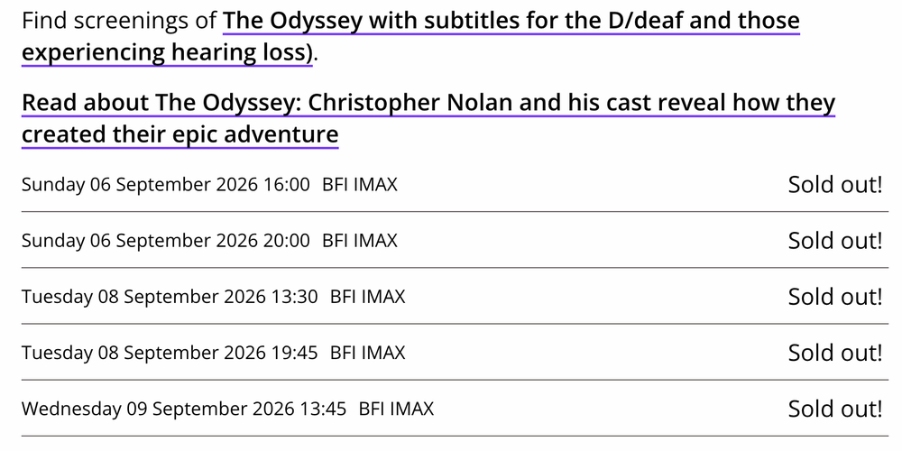 'The Odyssey' BFI IMAX screenings are sold out until 9 September (BFI)