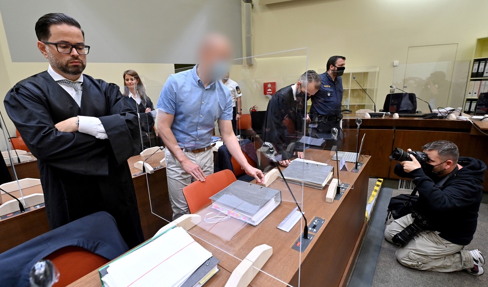 Mark Schmidt, whose face is blurred, during his trial in Munich, September 2020 (Getty Images)