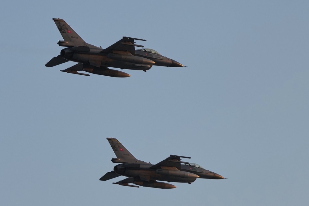 Turkish fighter jets fly over the military parade marking the 52nd anniversary of the 1974 Turkish invasion in Cyprus (AP)