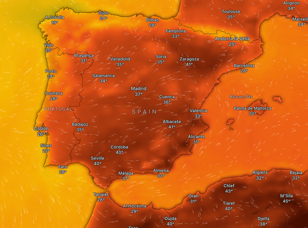 Parts of Spain will be hotter than North Africa this week. Map shows expected temperatures on Thursday afternoon around 4pm (Windy.com)