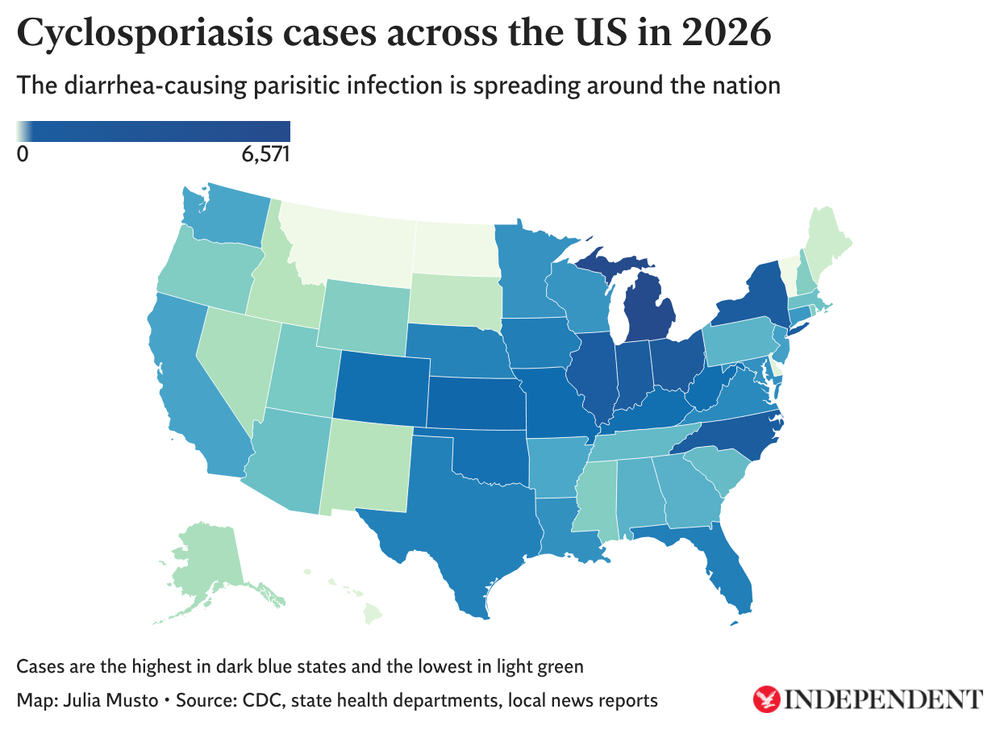 This map created using state and local case counts shows where cyclosporiasis cases across the U.S. are the highest and lowest. The states with the highest number of cases are seen in dark blue and the states with the lowest number of cases are seen in lighter greens (Julia Musto/The Independent)