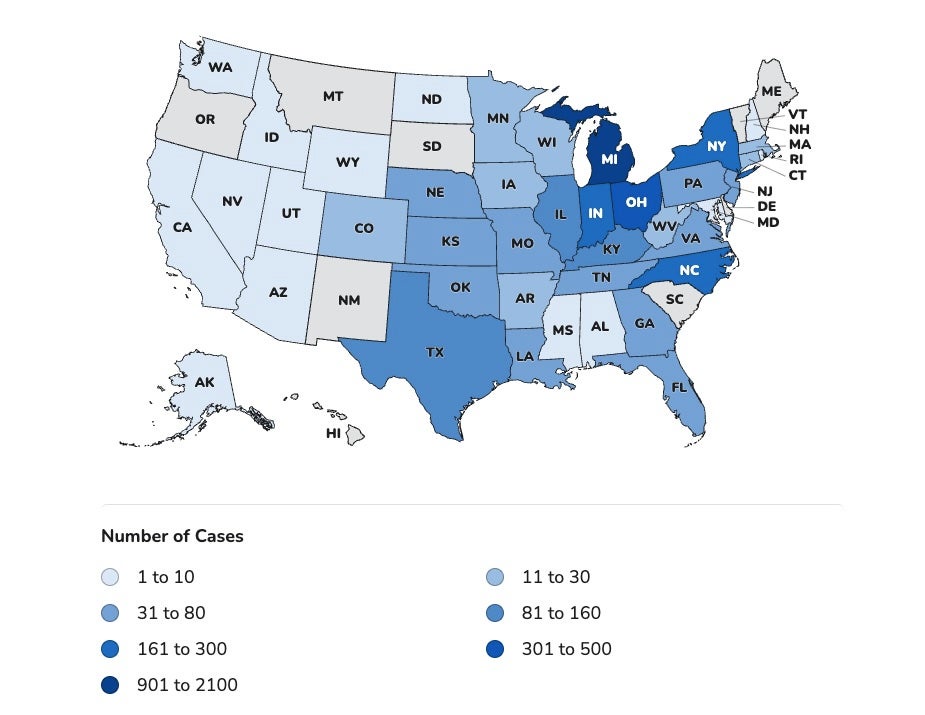 This map shows cyclosporiasis cases that have been confirmed by the Centers for Disease Control and Prevention. The states with the highest number of cases are shown in the dark blue, the least number of cases are in lighter blue and no cases are in grey. The agency’s data is lagging behind state counts (CDC)