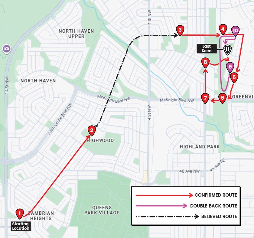 Police tracked Parker's movement using surveillance footage (map released July 21) (Calgary Police Service)