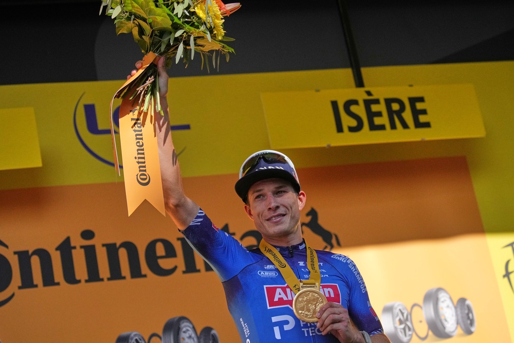 Jasper Philipsen’s win saw him move to within seven points of Mads Pedersen in the points classification (AP)