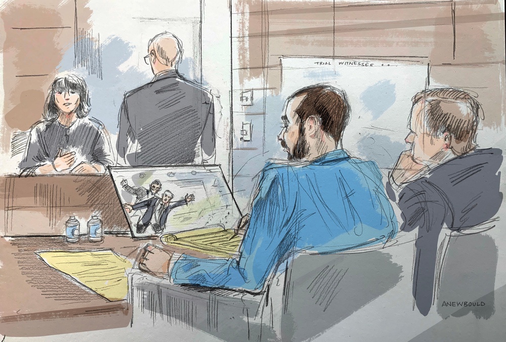 A courtroom sketch shows Matar seated with his lawyer's co-council as a witness describes video of the attack on Salman Rushdie (AP)
