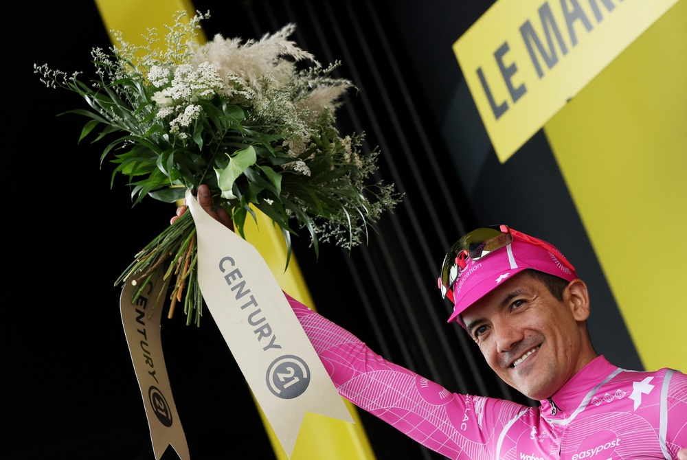 Carapaz won the most combative rider award on stage 14 but was denied a stage win by Pogacar (Reuters)