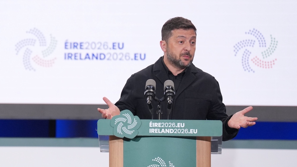 Ukrainian President Volodymyr Zelensky speaks during a joint press conference with Taoiseach Micheál Martin at Dublin Castle in July (Niall Carson/PA) (PA Wire)