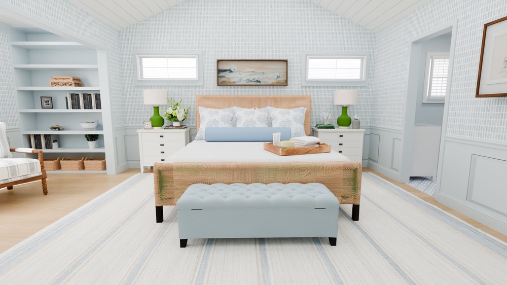 Flourish Interiors captures a breezy Nantucket feel in this design generated using Houzz Pro, with pale blues, crisp whites, woven textures and tailored coastal details (Flourish Interiors/Houzz Pro/PA)