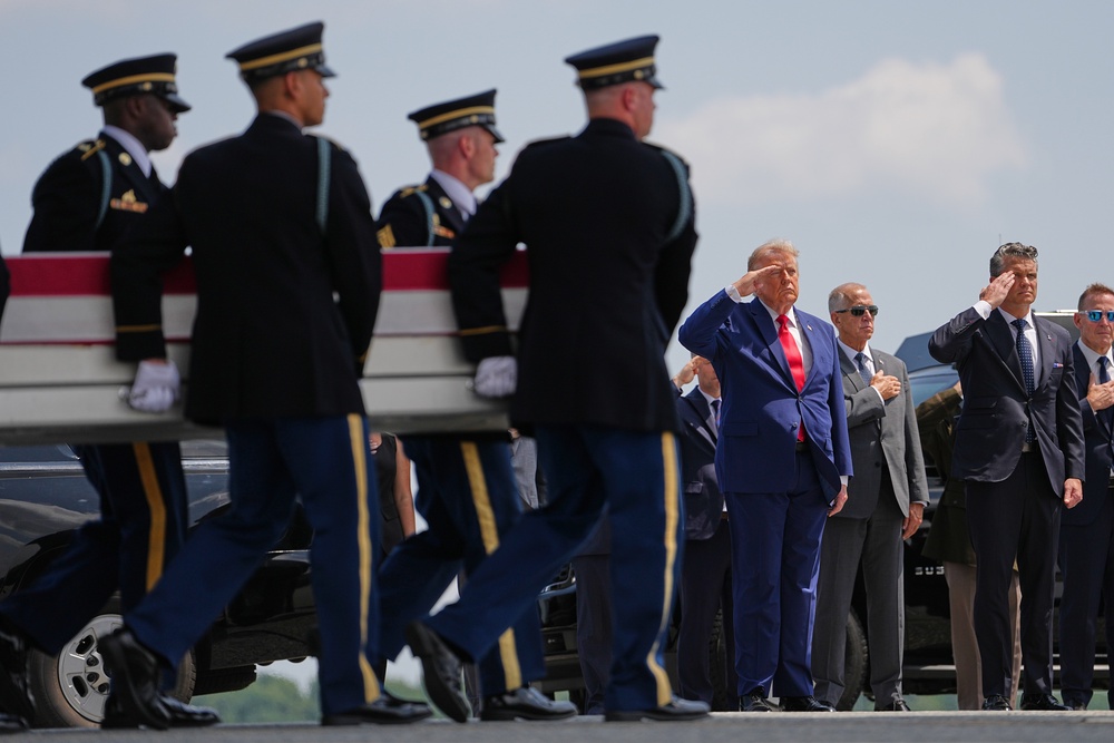 Hegseth joined President Donald Trump to witness the latest dignified transfer of American casualties of the Iran war Wednesday (AP)
