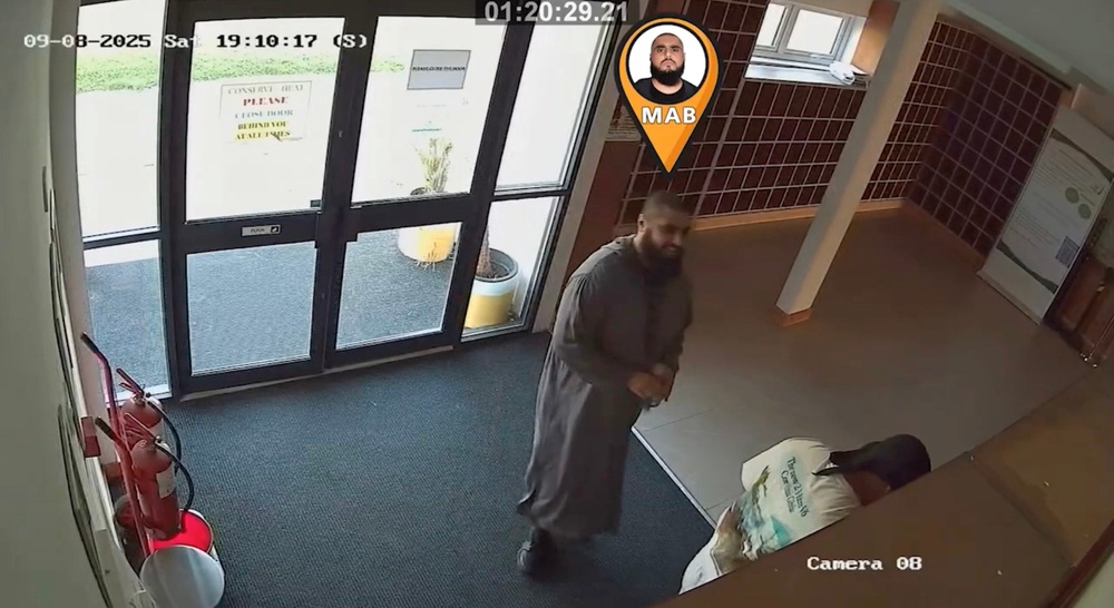Mohammad Bashir and Jihad Al-Shamie at the Al Sunnah Mosque in Manchester, where they mistakenly believed they had hidden from the cameras and that their conversations would not be overheard (PA)