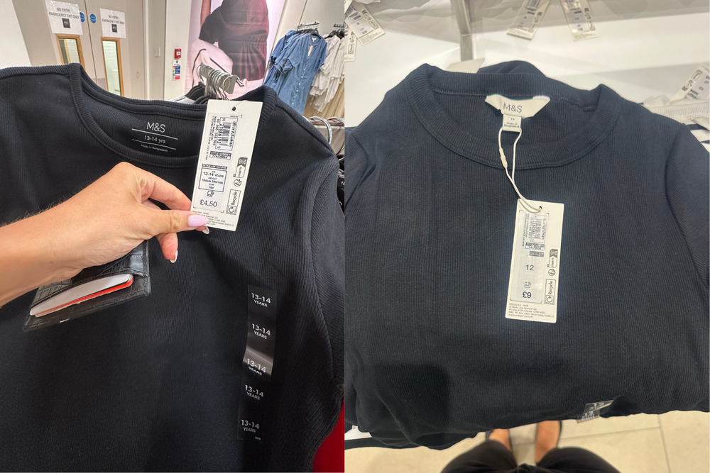 The same but different: a ribbed black T-shirt was twice the price in the M&S women’s section compare to an age 13 (Lydia Spencer-Elliott/The Independent)