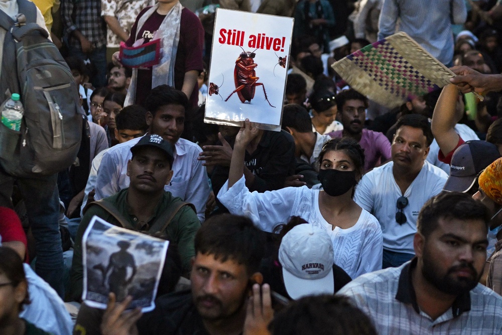 A Cockroach Janta Party (CJP) supporter holds a placard during an ongoing protest demanding the resignation of India's Education Minister Dharmendra Pradhan (AFP/Getty)
