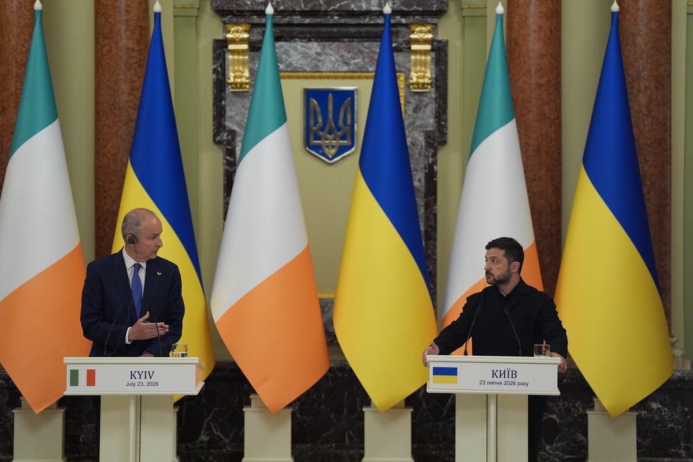 Taoiseach Micheal Martin (left) and Ukrainian President Volodymyr Zelensky during a press conference at the Presidential Palace in Kyiv, Ukraine (Niall Carson/PA) (PA Wire)