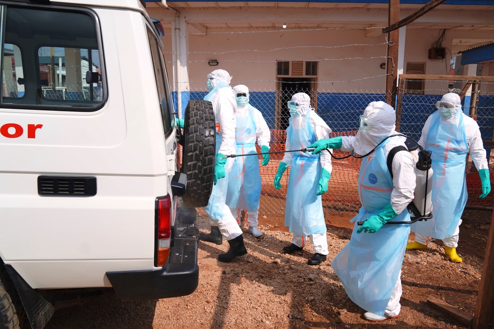 Health workers disinfects an ambulance at Ebola Treatment Center at Bunia General Hospital in Ituri, Congo, (Copyright 2026 The Associated Press. All rights reserved.)