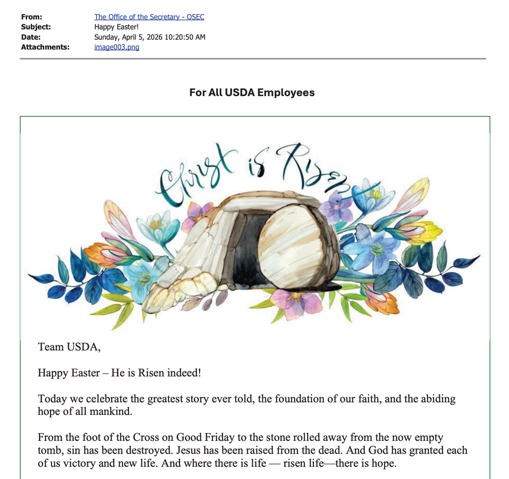 Rollins sent an email to all USDA employees to commemorate Easter on April 5 (Americans United for Church and State)