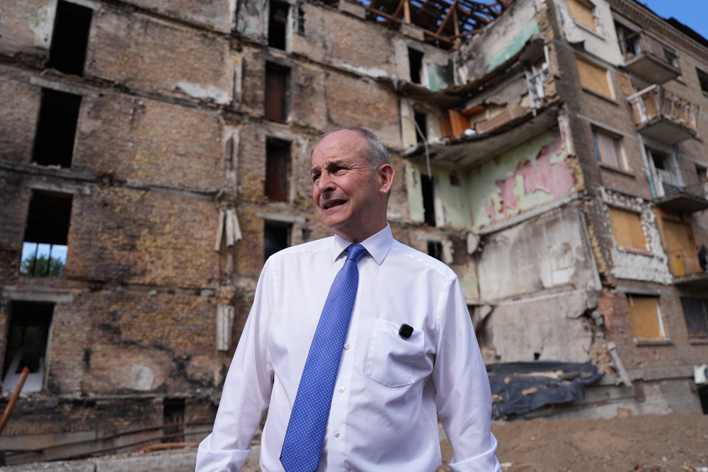 Taoiseach Micheál Martin visited the bomb-damaged Lukianivska district of Kyiv (Niall Carson/PA) (PA Wire)