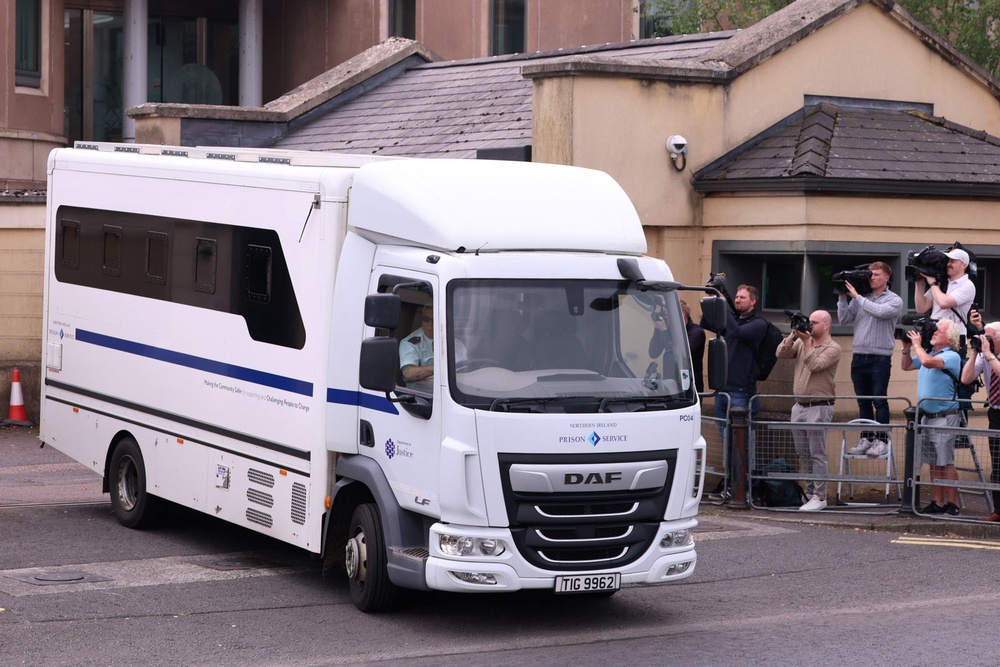 A prison van carrying former DUP leader Jeffrey Donaldson leaves Newry Crown Court, where he was found guilty of 18 historical sex offences (Liam McBurney/PA) (PA Wire)