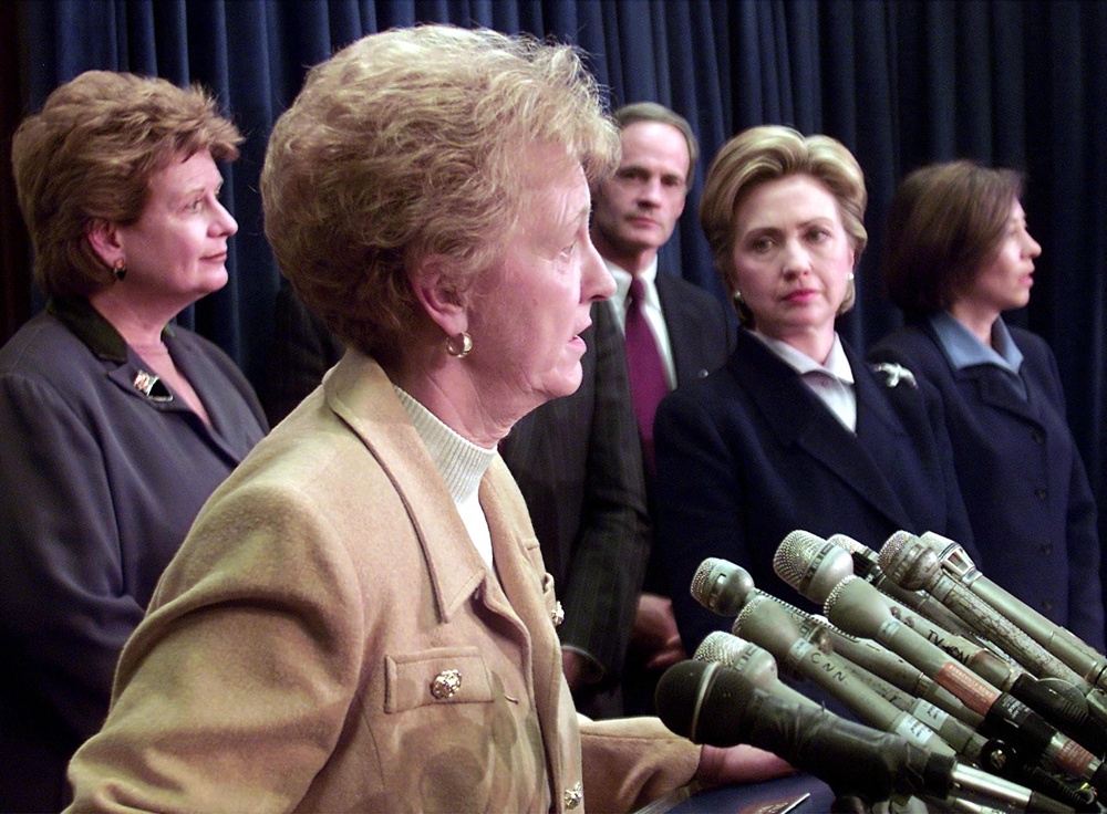 In 2000, Jean Carnahan was appointed to replace her husband, Mel Carnahan, who died in a plane crash shortly before the election in which he was posthumously elected. Pictured: US Senator-elect Jean Carnahan, Democrat of Missouri, speaks to the press in December 2000 (AFP via Getty Images)