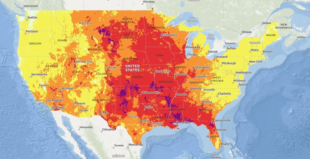 This National Weather Service map shows where heat could be dangerous across the U.S. on Monday. The most extreme heat is shown in purple and red (NWS)