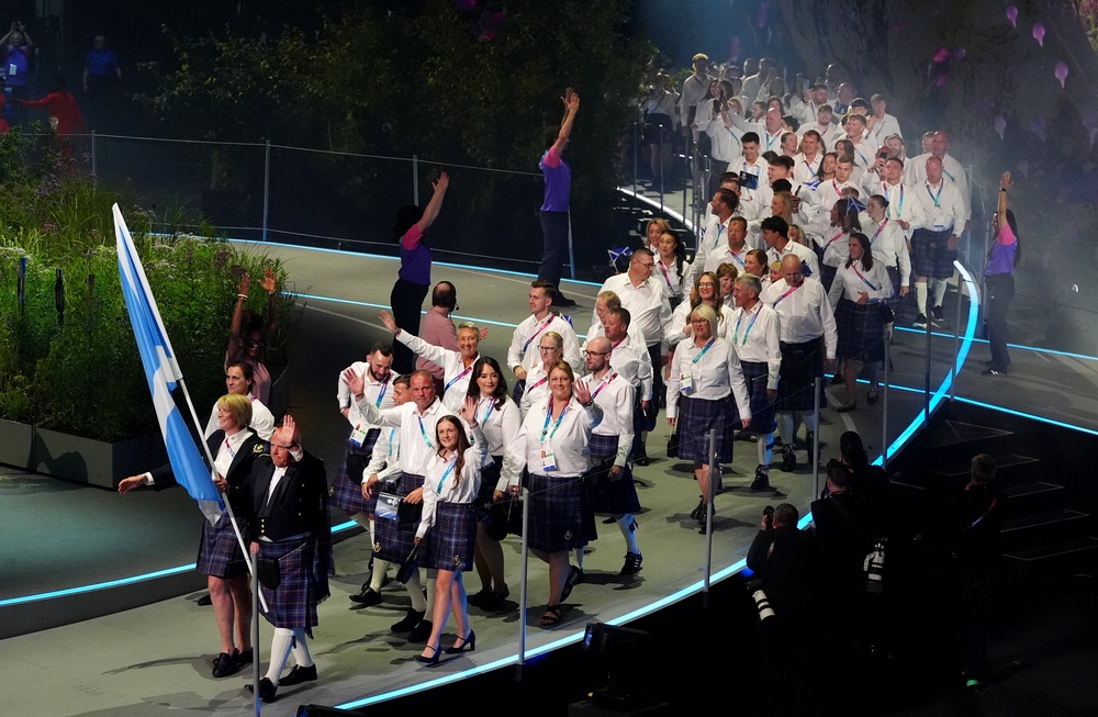 Lawn bowler Alex Marshall led the Scotland team out at the opening ceremony of the Commonwealth Games in Glasgow (Owen Humphreys/PA) (PA Wire)