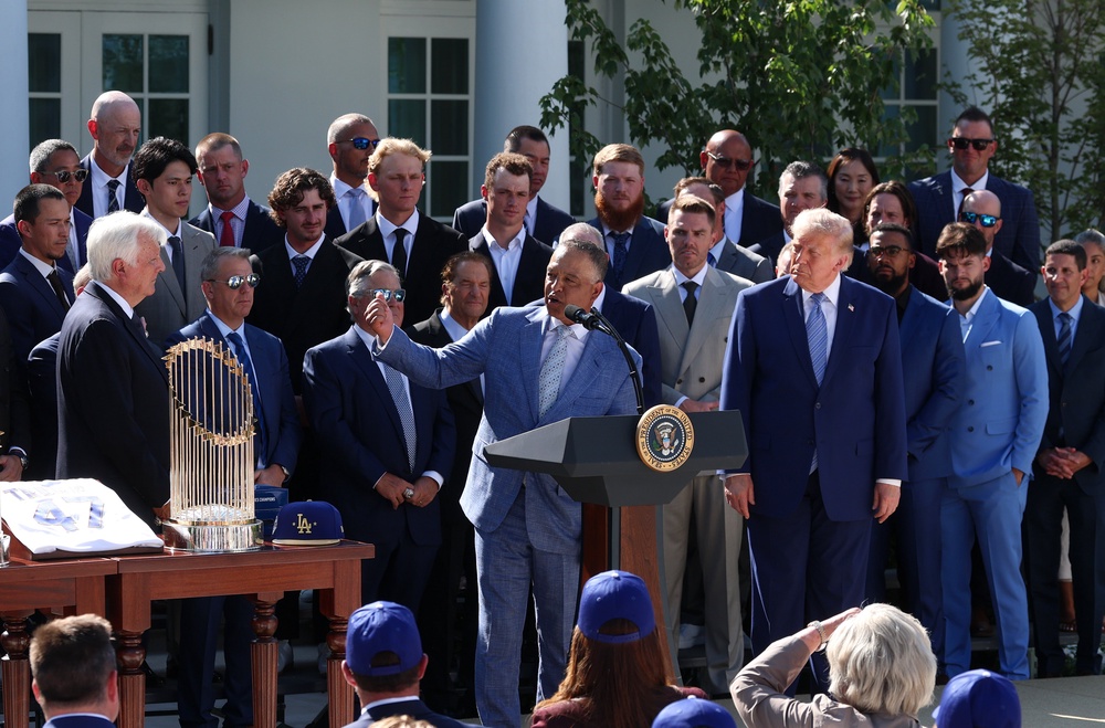 The Dodgers also gave Trump what looked like a replica of a World Series ring (Kevin Dietsch/Getty Images)